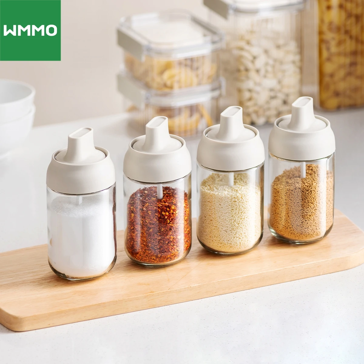 WMMO Seasoning Jar with Integrated Spoon Cover Food Grade Lead-free Soda-lime Glass Kitchen Salt and Spice Storage Jar