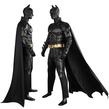 Costume da armatura da eroe Christian Bale Bruce Costume cosplay Stivali da tuta in pelle nera con cappuccio Abito da supereroe maschile di Halloween