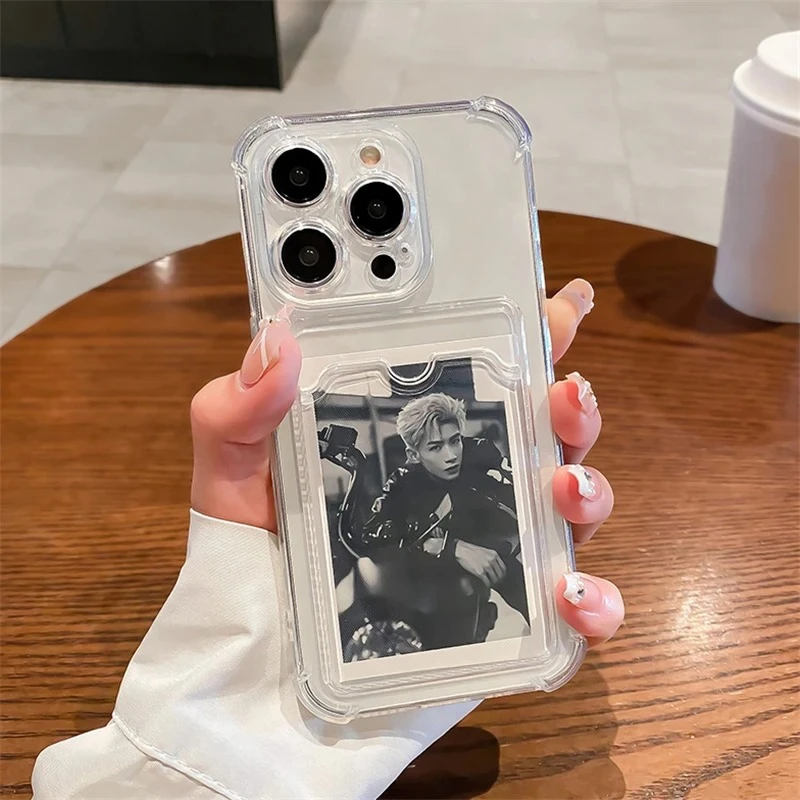Transparent Card Bag Holder Phone Case For iPhone16 11 12 13 14 15 ProMax X Xs Max XR Plus Mini Wallet Silicone Shockproof Cover