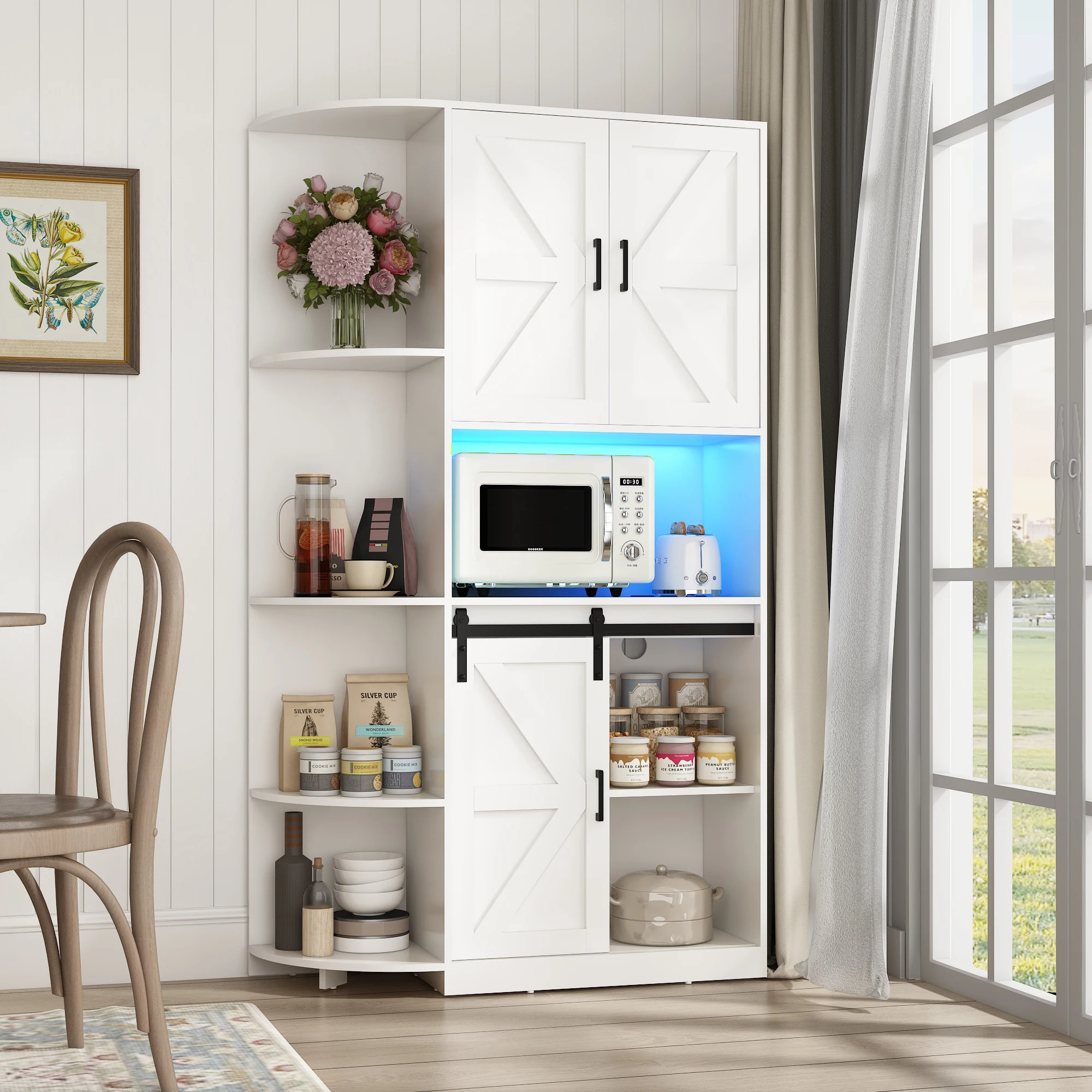 71" Farmhouse Kitchen Pantry Storage Cabinet, Freestanding Hutch Cabinet w/Barn Doors & Shelves, Buffet Sideboard, Brown/White