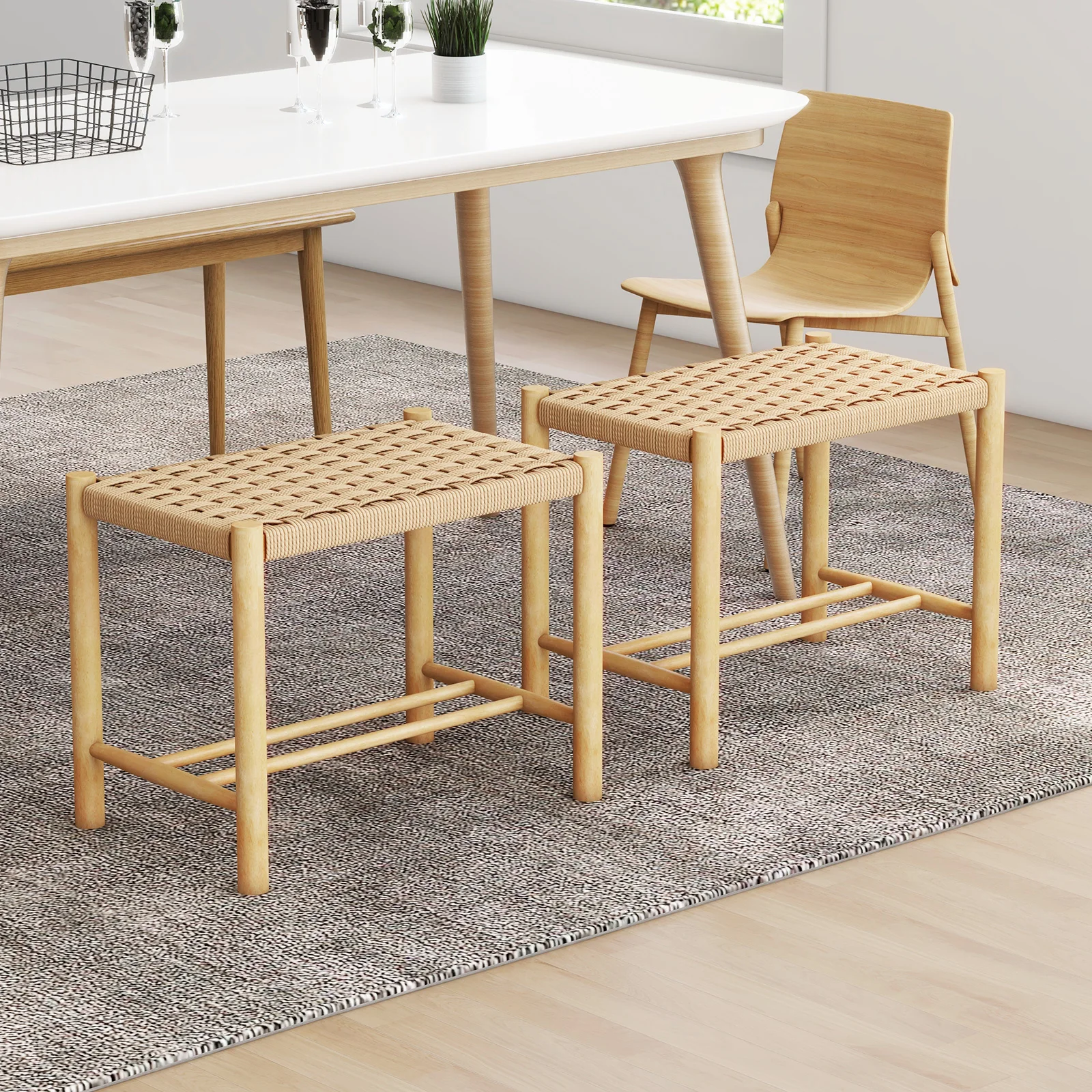 2 Set bar stool Wood, bar chair seat height 45 cm with footrest, braided paper kitchen chair counter stool bistro stool