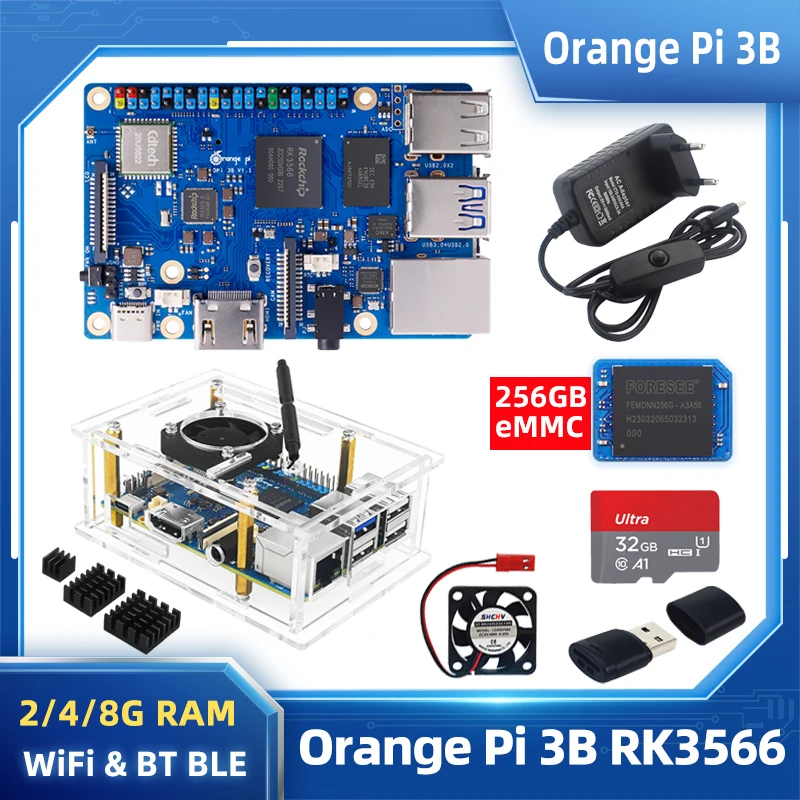 Laranja pi 3b com Ventilador Case gb gb gb de Ram Ddr4 Rk3566 Wifi Bluetooth Ble Sbc Opcional Emmc tf Dissipador de Calor Opi