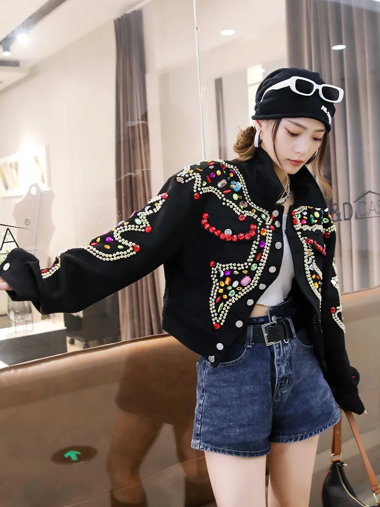 Luxury Diamonds Beaded Denim Jacket Rhinestones Sequins