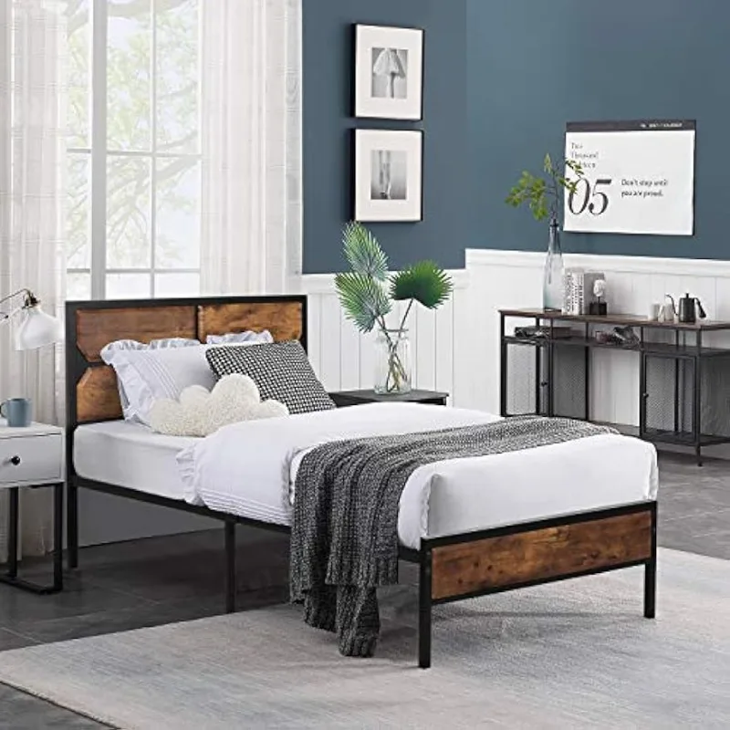 

Twin Bed Frame Platform With Wooden Headboard & Footboard Mattress Foundation Strong Metal Support No Box Spring Replacement