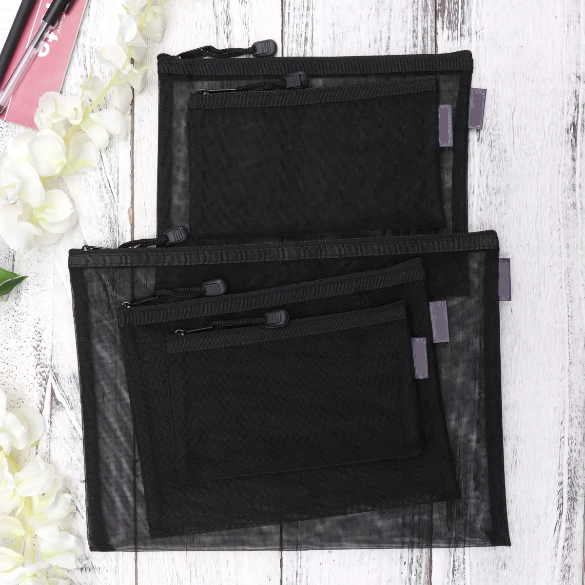 5Pcs 메쉬 문구 가방 세트 A4 A5 A6 투명 지퍼 파일 가방 사무실 학교 펜을위한 휴대용 문서 주최자