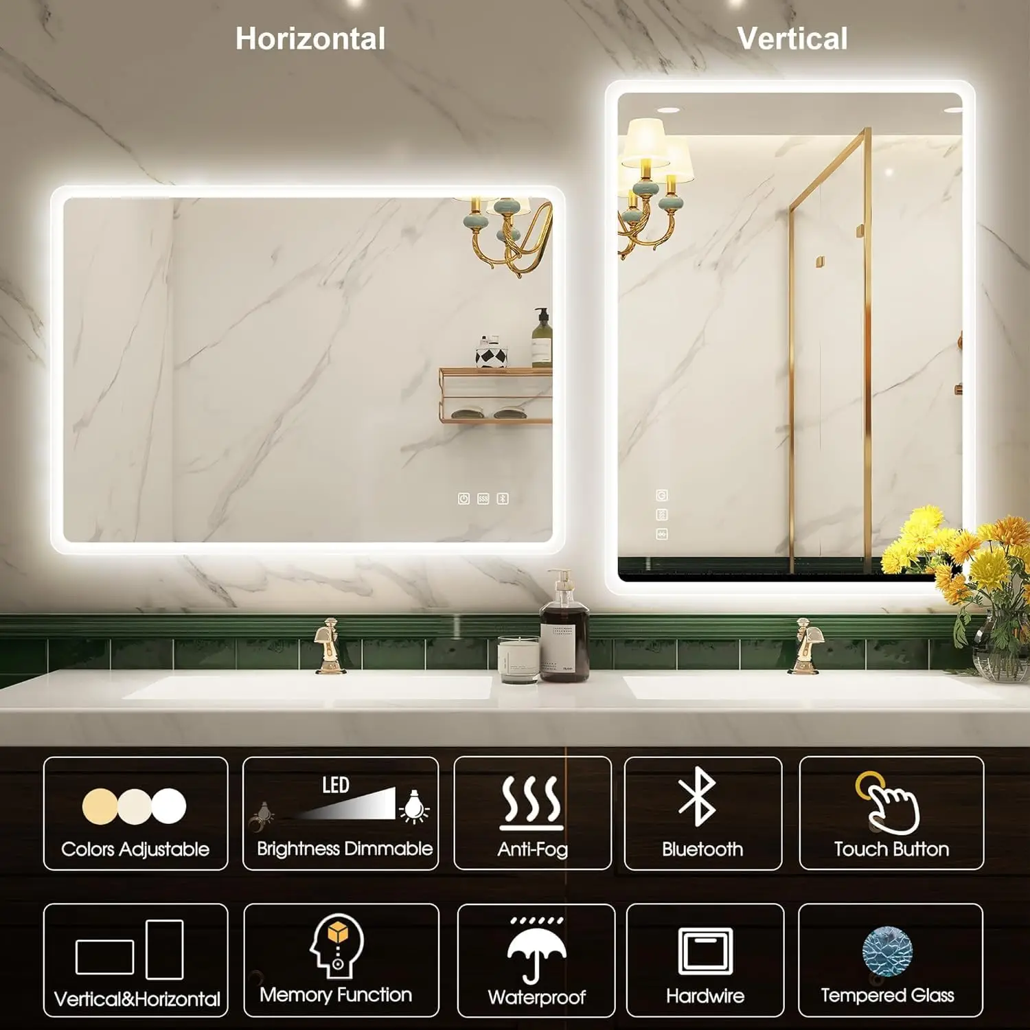 LED-Bathroom-Mirror-with-Lights, Wall-Mounted with Bluetooth Speaker