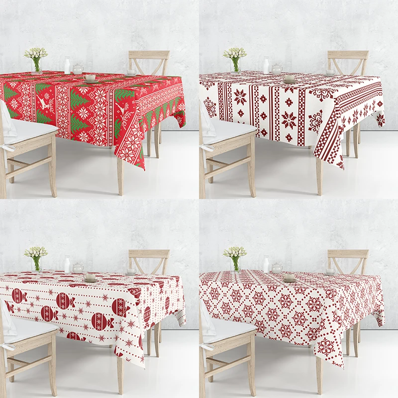 

Welcome Christmas Snowflakes Reindeers Snowman Bells Red Linen Decorative Tablecloth Dustproof Table Cover Multiple Size