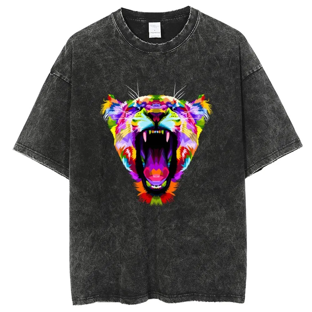 

Vintage Washed T Shirts Men, Leopard Creative Design Printed T Shirt, 100% Cotton Unisex Y2k Streetwear, Harajuku Oversized Tees