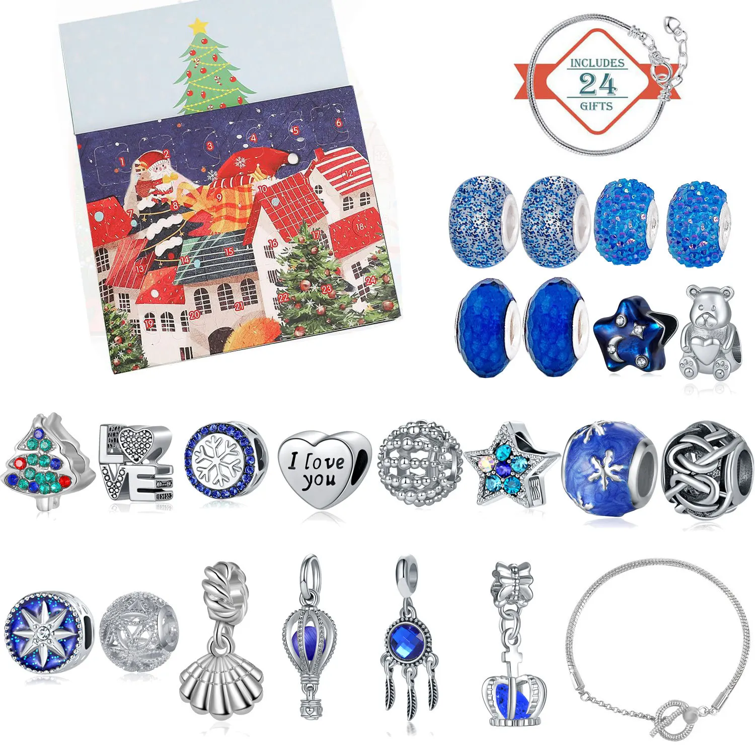DIY Bracelets Christmas Advent Calendar for Girls Blue Beads Jewelry Making Kit 24 Days Countdown Advent Calender Box Navidad