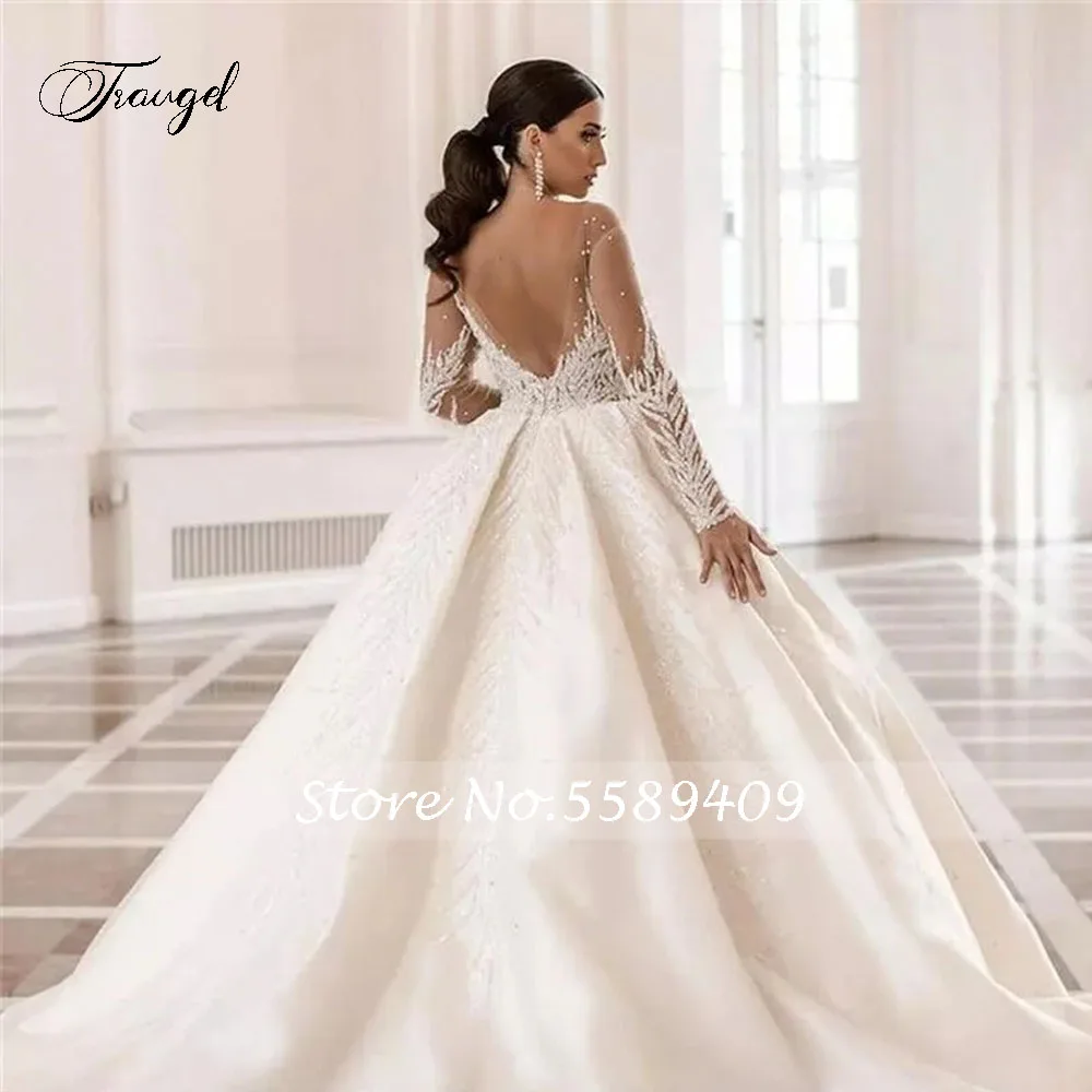Customized Sexy Backless Long Sleeve Crystal Ball Gown Wedding Dresses Exquisite Appliques Court Train Vintage Bridal Gown