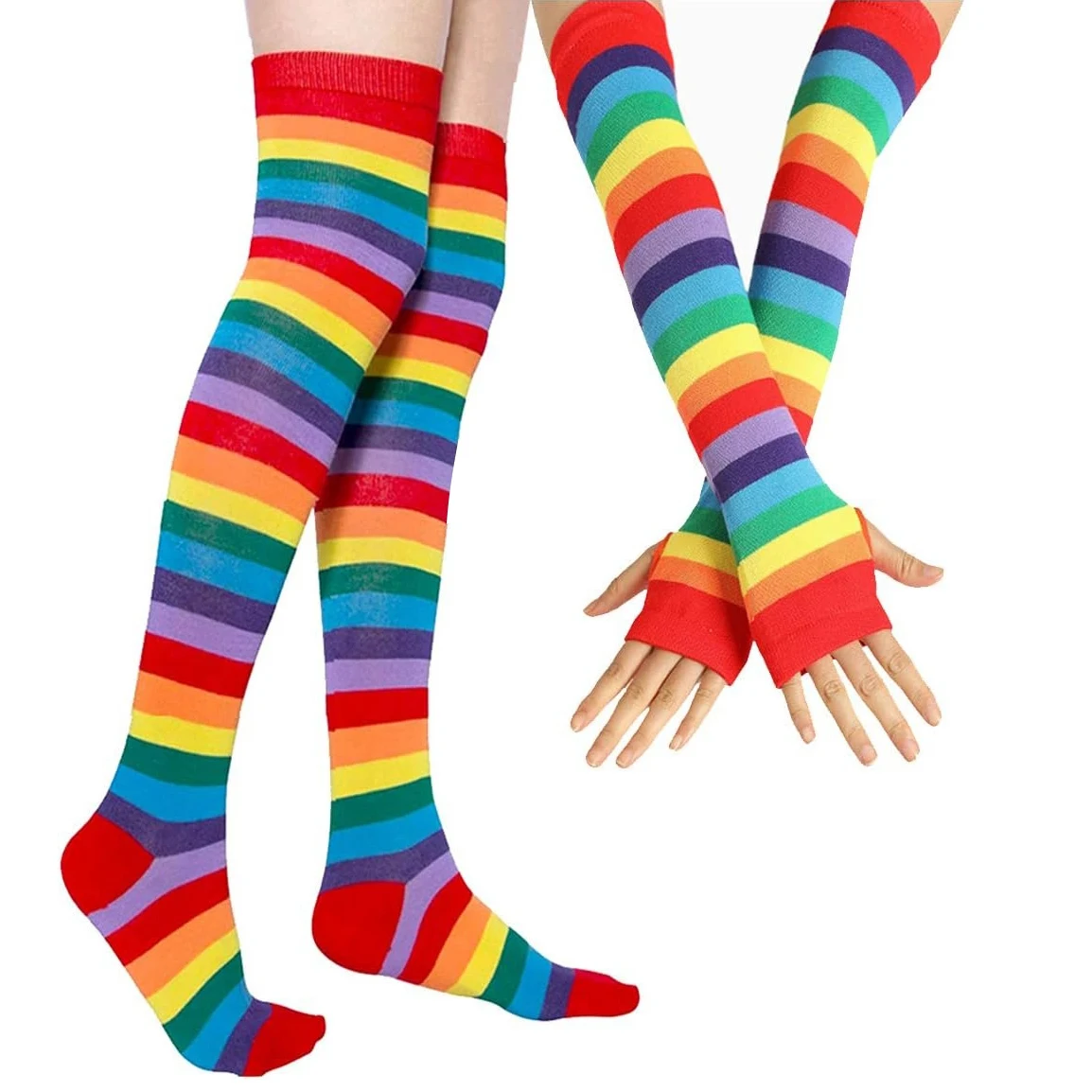 Women Thigh Socks Rainbow Striped Over Knee High Stockings Girls