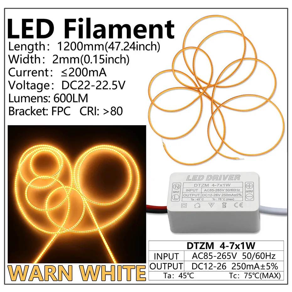 Warmweiß, Blau, Rot, Grün, 1200 mm, LED-Treiber, ein Satz AC220V für Edison-Glühbirnen-Filament, LED-Streifen, Glühlampendiode, flexibles Filament – Detail 4