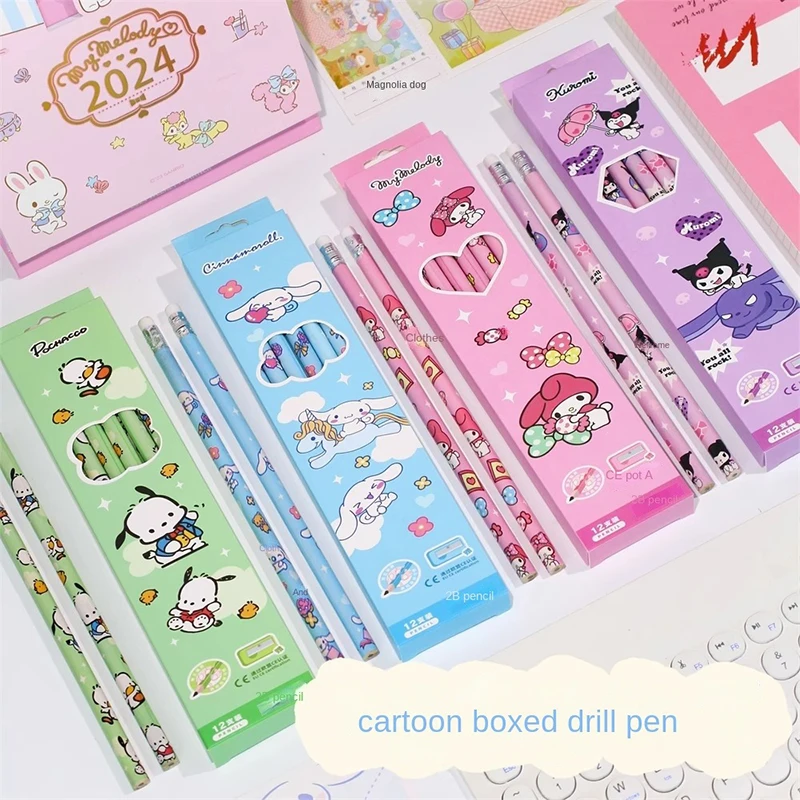 

12 Pcs Cinnamoroll Pencils Sanrio Anime Kuromi My Melody 2B Pen Cartoon Cute Students School Writing Stationery Gift for Girls