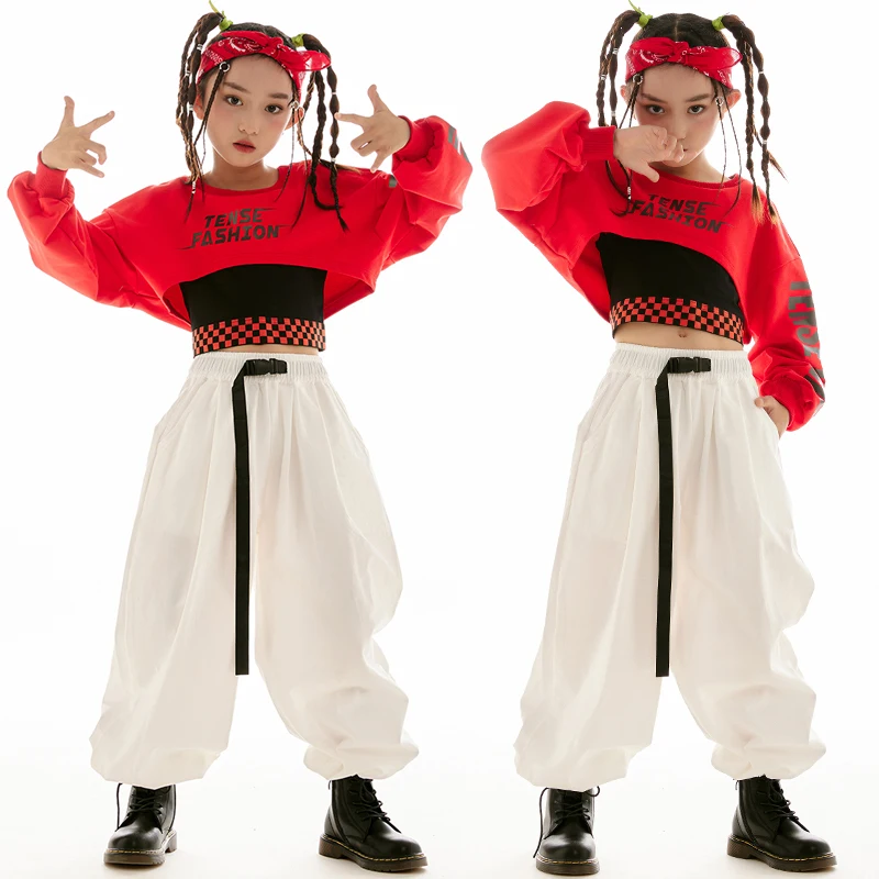 

Ballroom Hip Hop Dance Clothes Girls Jazz Dance Red Long Sleeved Tops White Pants Loose Kpop Modern Dance Performance Suit L9576