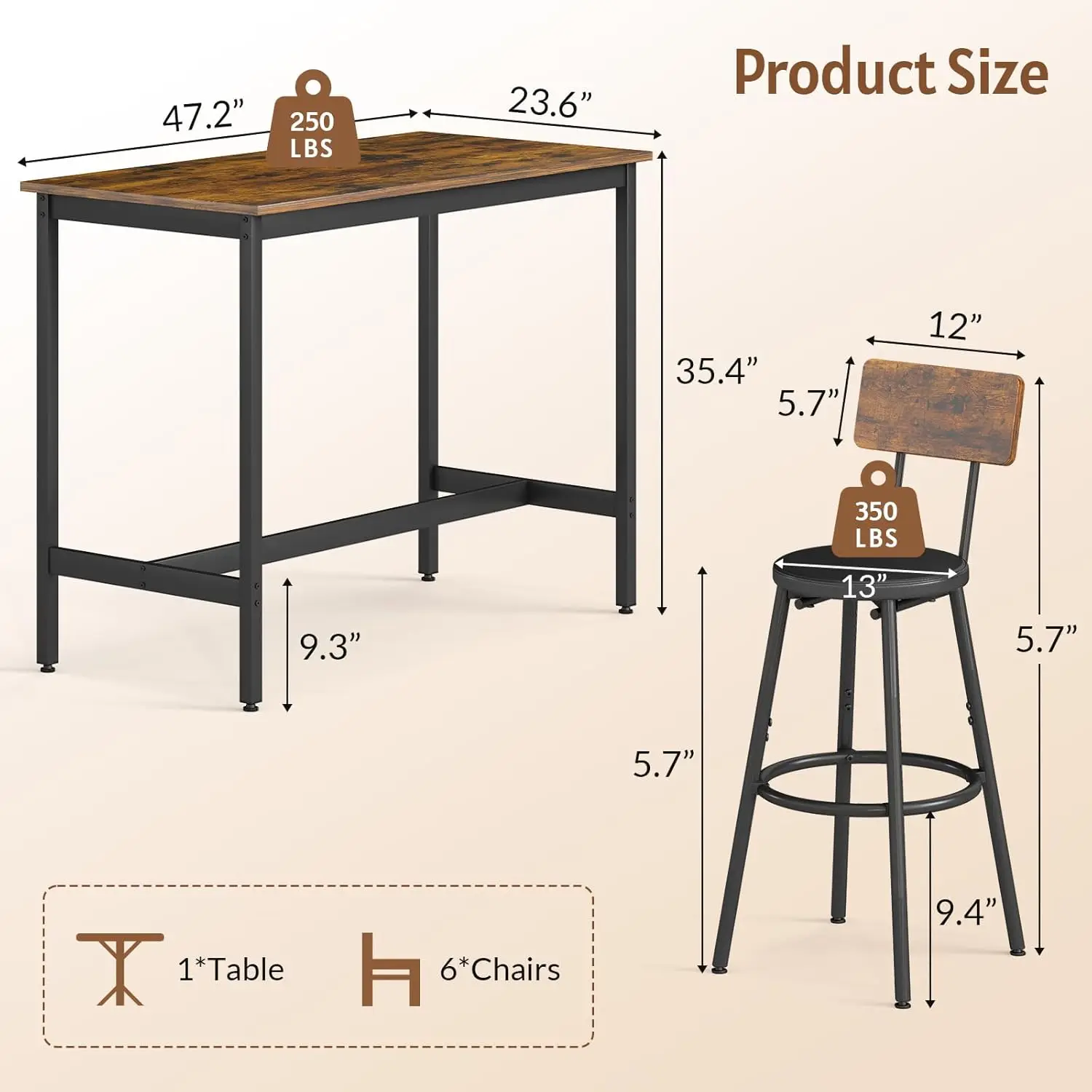 new-Dining Table Set for 6, Bar Table and Chairs Set, 6 Piece High Top and Chairs, Modern Counter Height Pub