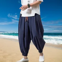 Trendy Loose Cotton Linen Men's Wide Leg Pants Casual Nine Points Harlan Pants Harbin Loose Fit Summer New Style Casual Trousers