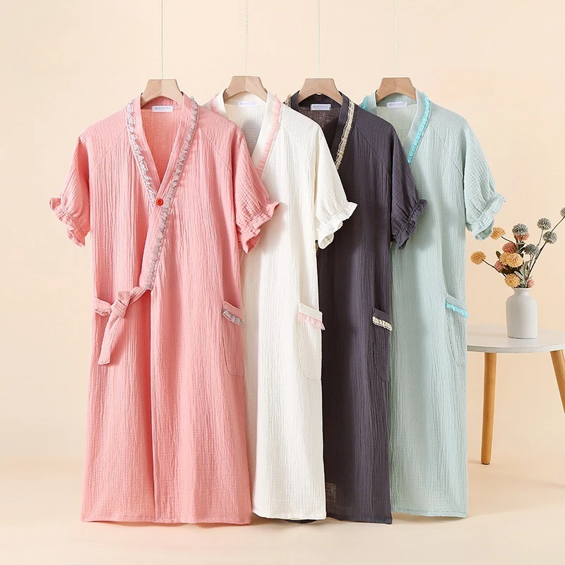 Short Sleeve Kimono Sleeping Robe Lace Color Blocked Strap Up Bathrobe Homewear Cute Sweat Steaming Women Clothing