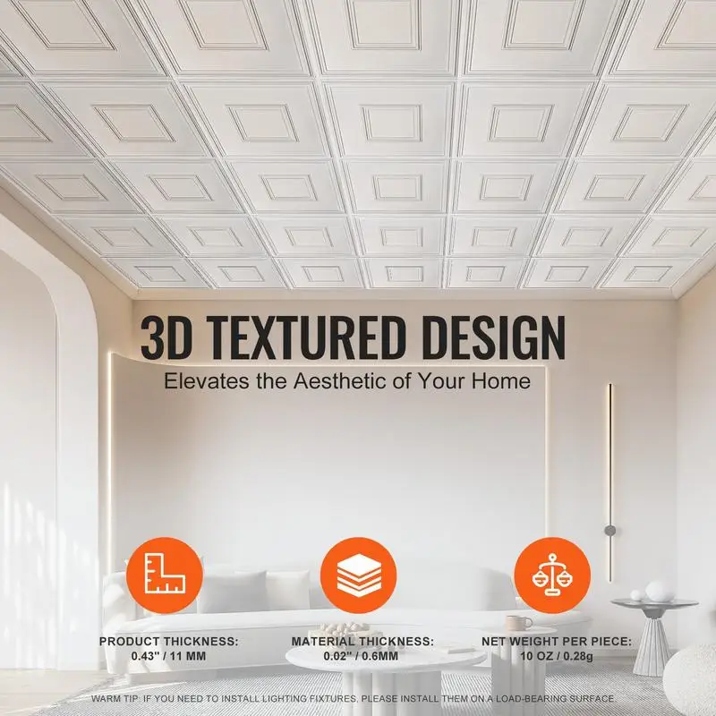 Dalles de plafond en PVC, lot de 12, tuiles de plafond en plastique à coller, 605x605 mm, installation facile par découpe, revêtement de plafond pour la décoration de la maison, du bureau, motif géométrique, blanc 1