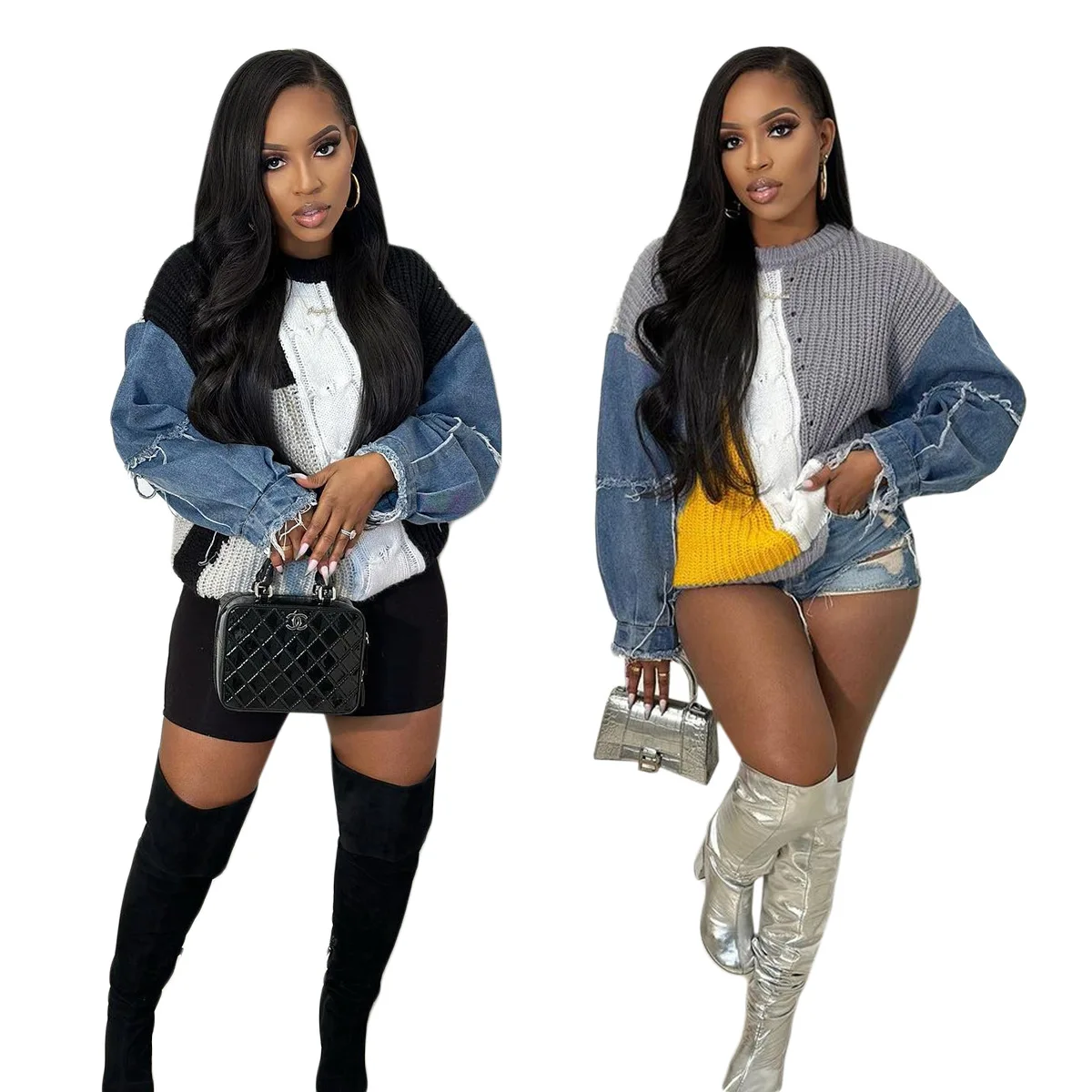 

Fashion Women's Winter Best-selling Long-sleeved Round Neck Fashion Temperament Denim Stitching Street Trend Sweater