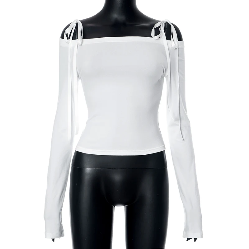 Women Off Shoulder Long Sleeve T Shirts Autumn Y2K Elegant White Crop Tops Skinny Strapless Casual Basic Tees Bow