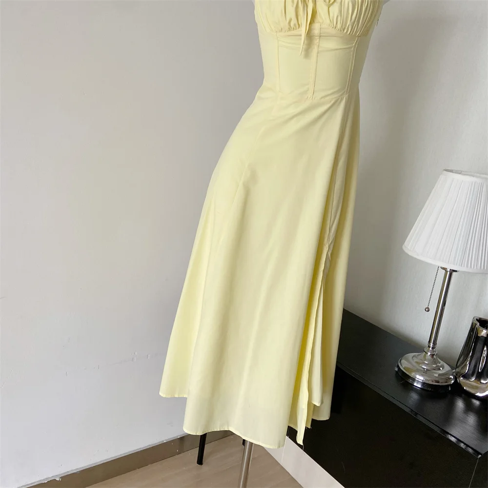 French Vintage Strap Birthday Party Dress High Split Lace-up Summer Off Shoulder A-line Sleeveless Prom Robe Solid Vestido Mujer