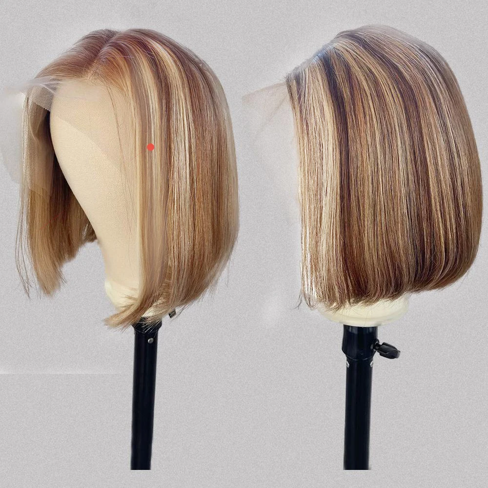 Remy Human Hair Brown With Blonde Highlights Wigs for Women Middle Part T Part Lace Frontal Human Hair Short Straight Wigs