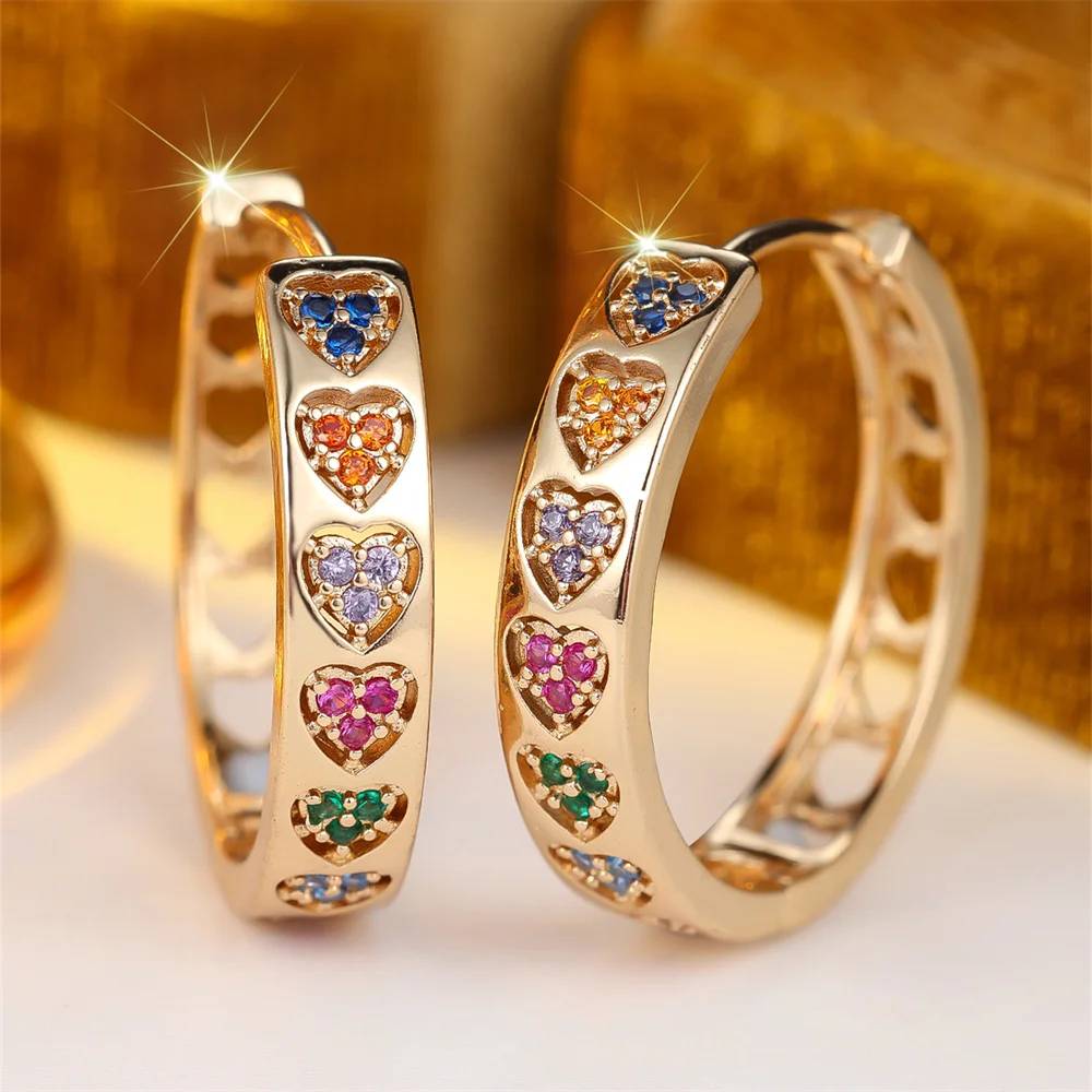 Single Row Love Heart Rainbow Zircon Round Stone Hoop Earrings For Women Vintage Gold Color Tiny Ear Buckle Wedding Jewelry Gift