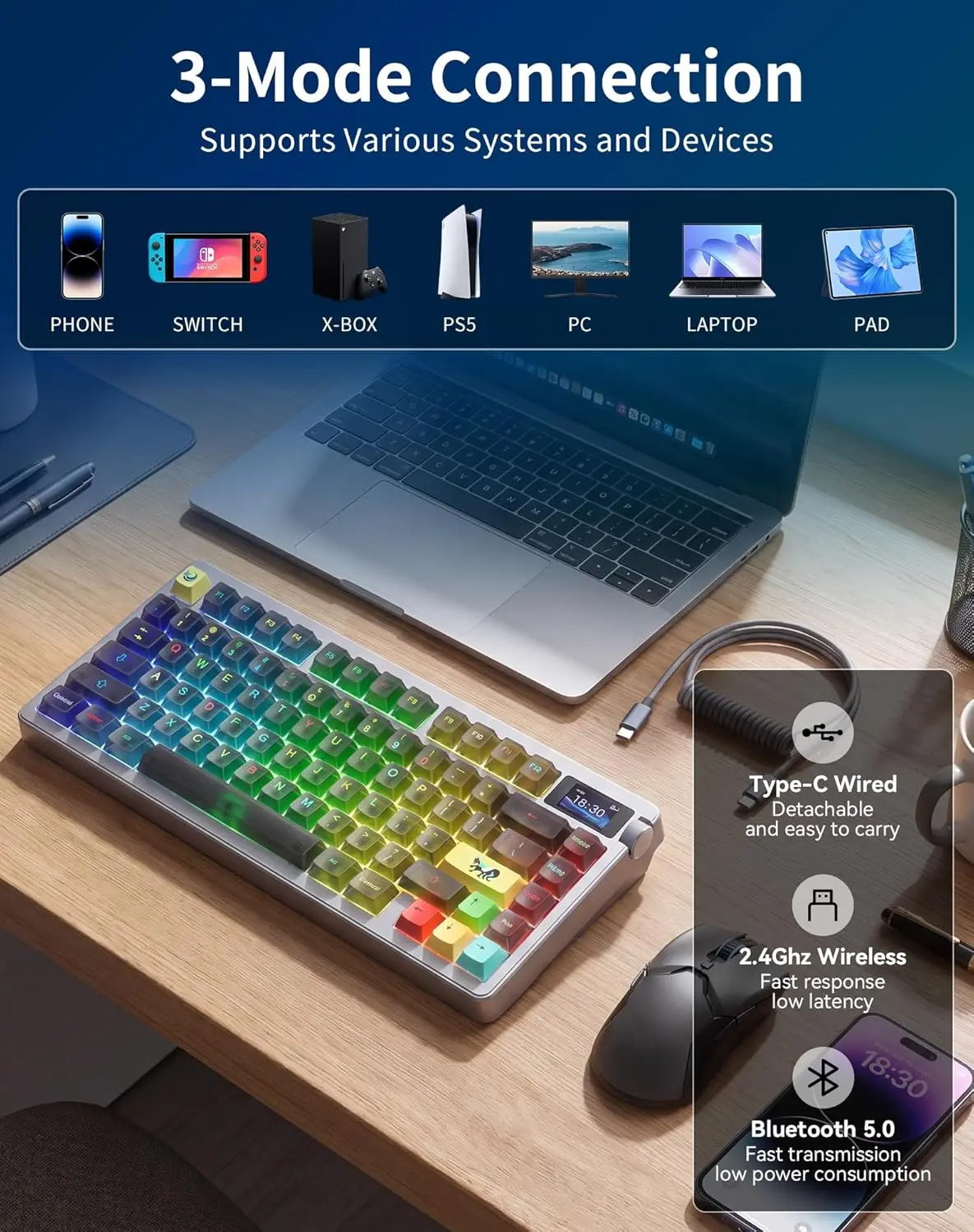 AULA NOVA75 기계식 키보드 핫 스왑 스크린 금속 손잡이 무선 트라이 모드 게임용 키보드 PC E-스포츠 액세서리 선물