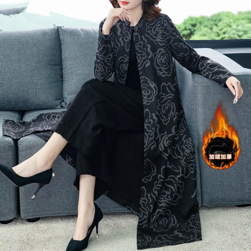 Women Long Windbreaker 2025 Spring And Autumn New Printing Fashion Outwear Wide Wife temperament Mother Trench Coat Vintage L93