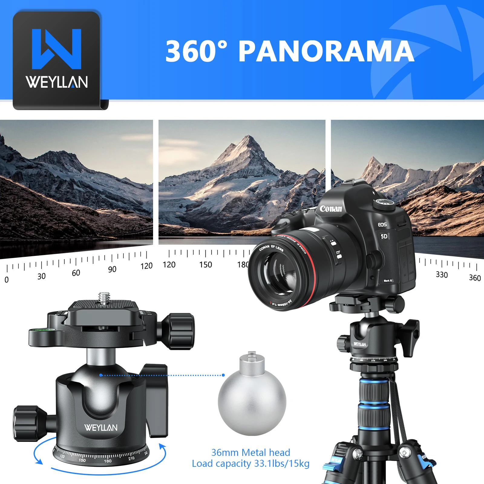 Weyllan EH36 Tripod Ball Head Low Profile Tripod Head Metal Lower Gravity Center Design Smooth Operation Max Load 15kg/33lbs tripod ball head