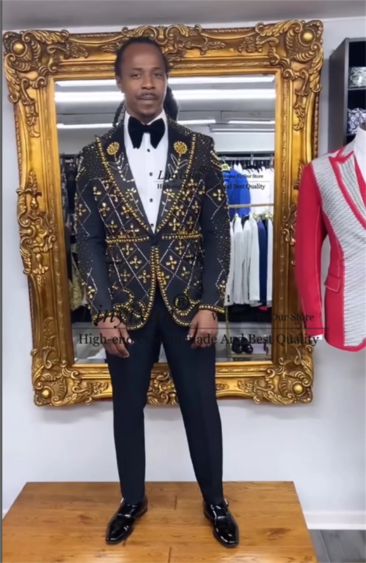 

Роскошные мужские костюмы с кристаллами и бусинами, облегающие Свадебные смокинги для жениха, комплекты из 2 предметов, модный мужской костюм для жениха