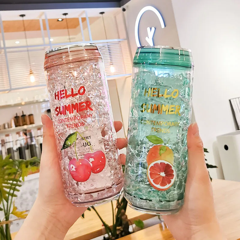 Crack Style Refrigerator Ice Cup Cans Plastic Reusable Cup Double-Layer Plastic Water Bottle With Straw