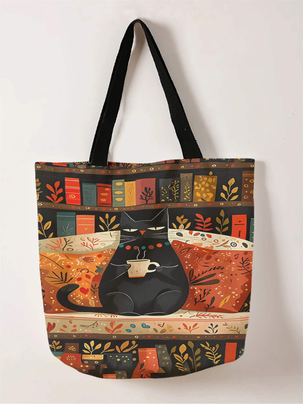 1pc,coffee cat handbag, reusable fashionable handbag, multifunctional handbag, printed canvas shopping bag