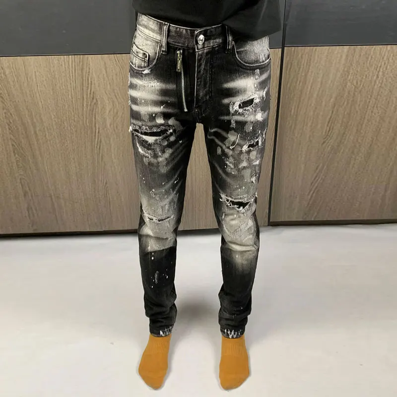 High Street Fashion Men Jeans Retro Black Gray Stretch Slim Fit Ripped Jeans Men Painted Designer Hip Hop Brand Pants Hombre