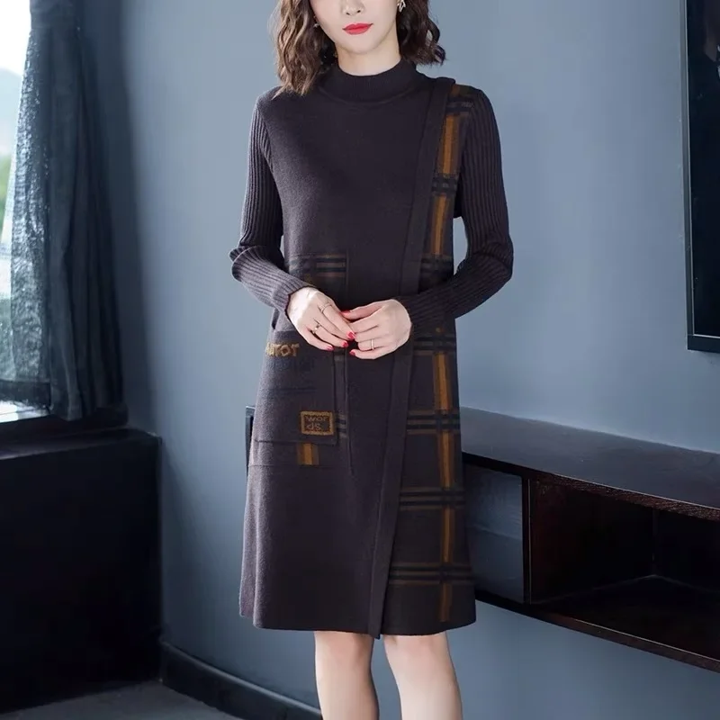 

Women Sweater 2023 Fashion O-Neck Long Sleeve Length Patchwork Bottom Sweater Dress Oversize High Quality