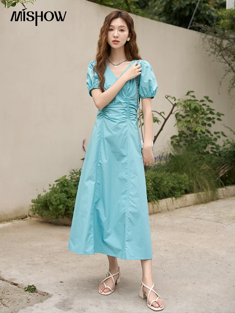 

MISHOW 100 Cotton V-neck Dress for Women 2023 Summer French Solid Blue A-LINE Puff Sleeve Pullover Midi Party Dresses MXC38L1532