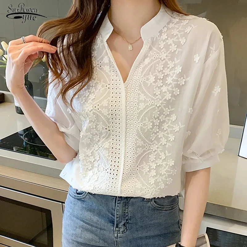 Fashion 3D Embroidery Cotton White Blouse Short Sleeve Women Shirt V-neck Lantern Sleeve Irregular Tops Blouses Blusas 14204