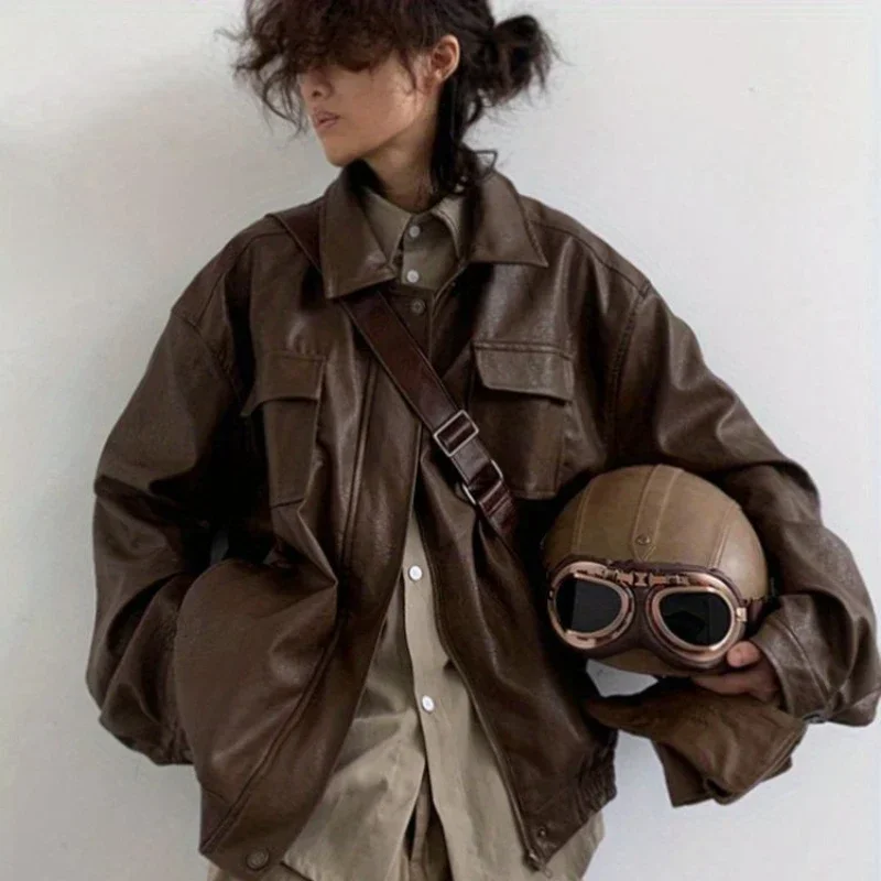 Men Set Japanese Vintage Harajuku Loose PU Leather Jacket+Fashion High Street Drawstring Cargo Pants Two Piece Unisex Suit 2023