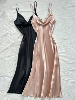 فستان رسن مثير جديد بلون سادة فستان نوم نسائي مريح وطويل الشق 2