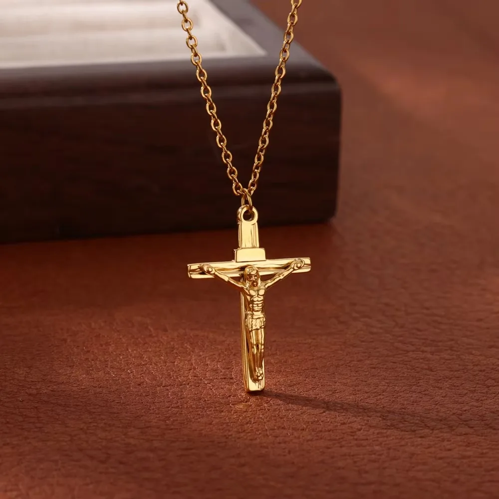 Stainless Steel Cross Necklace Gold Color Chain Pendant Necklaces