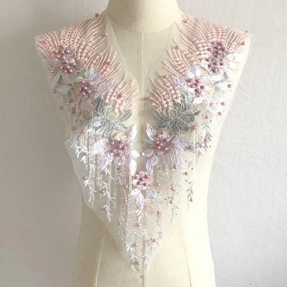 Beads Flower Embroidery Lace Collar Wedding Dress V Collar DIY Lace Flower Trim Patch Elegant Wedding Dress Patch Fabric