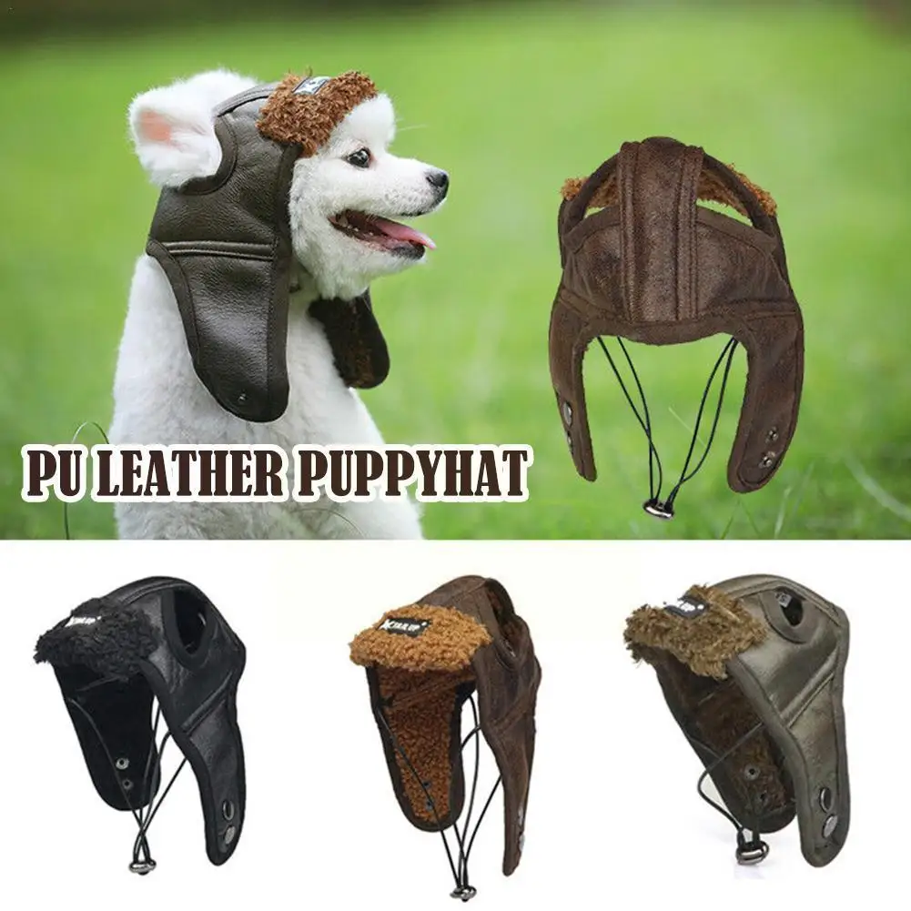 

1pc Dog Puppy Winter Hat Cashmere Dog Bear Warm Hat PU Leather Cool Comfortable Handsome Dog Hat For Small Dog Supplies M4O3