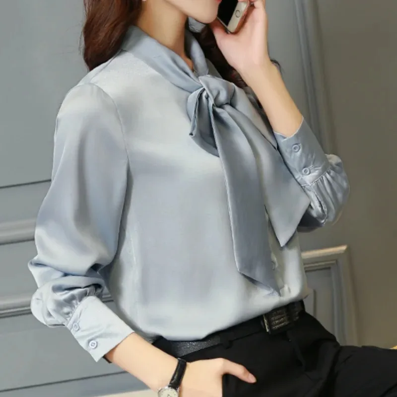 Women's Loose Chiffon Blouse V-Neck Solid Shirt Bow Lantern Sleeve Fashion Blouses Casual Clothes Autumn Tops 2198