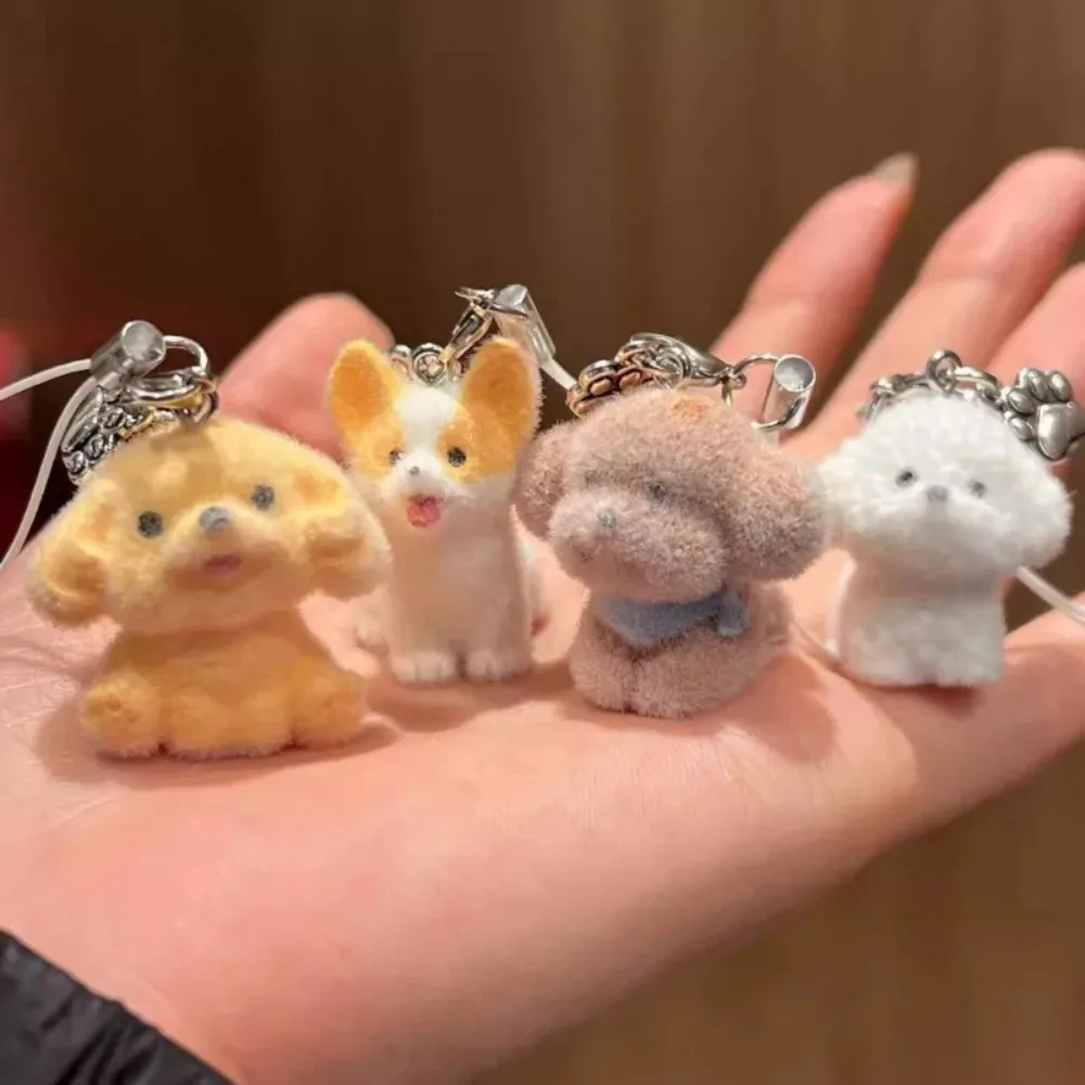 Flocking Animal Dog Cat Pendant Cute Keychain Keyring Bag Earphone Car Keychain Decor Keychains Accessories Phone Chain Lanyard