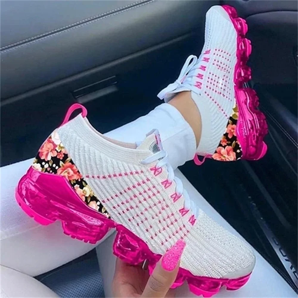

New Sneakers Women Spring Fashion Knitted Fabric Floral Lace Up Ladies Casual Shoes Larged-Size Flats Running Sport