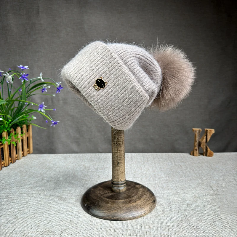 Fashion Warm Wool Angora Rabbit Hair Winter Fox Hair Ball Knitted Urine Cap Women's Thick Triple Fold Ski Outdoor Hat 3