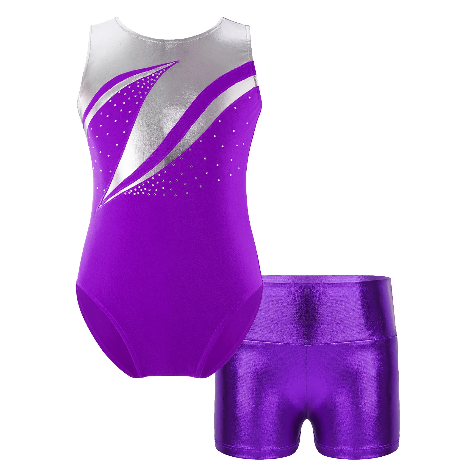 Kids Girls Metallic Ballet Dance Gymnastics Leotards Sleeveless Slim Fit Stretchy Leotard with High Waist Shorts Sports Outfits