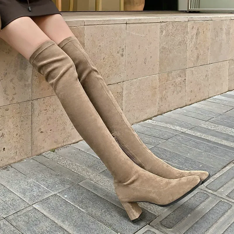 

Suede Nubuck Leather Nude Color Sexy Women Overknees Elegant Winter Dress Shoes Block High Heels Over-the-knee Stretch Boots
