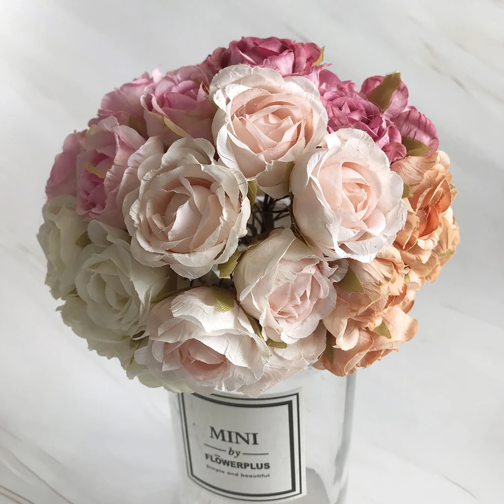 Description Picture 2 of itemEuropean-style retro rayon tea roses 6 small flower buds bouquet wedding home retro fake flower party DIY decoration