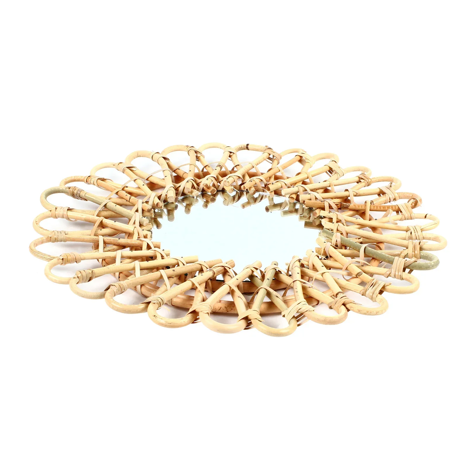 40 cm Rattan runder Wand-Boho-Spiegel für Wanddekoration, kreativer nordischer Stil für Schlafzimmer, Wohnzimmer, Esszimmer, Holzfarbe – Detail 1